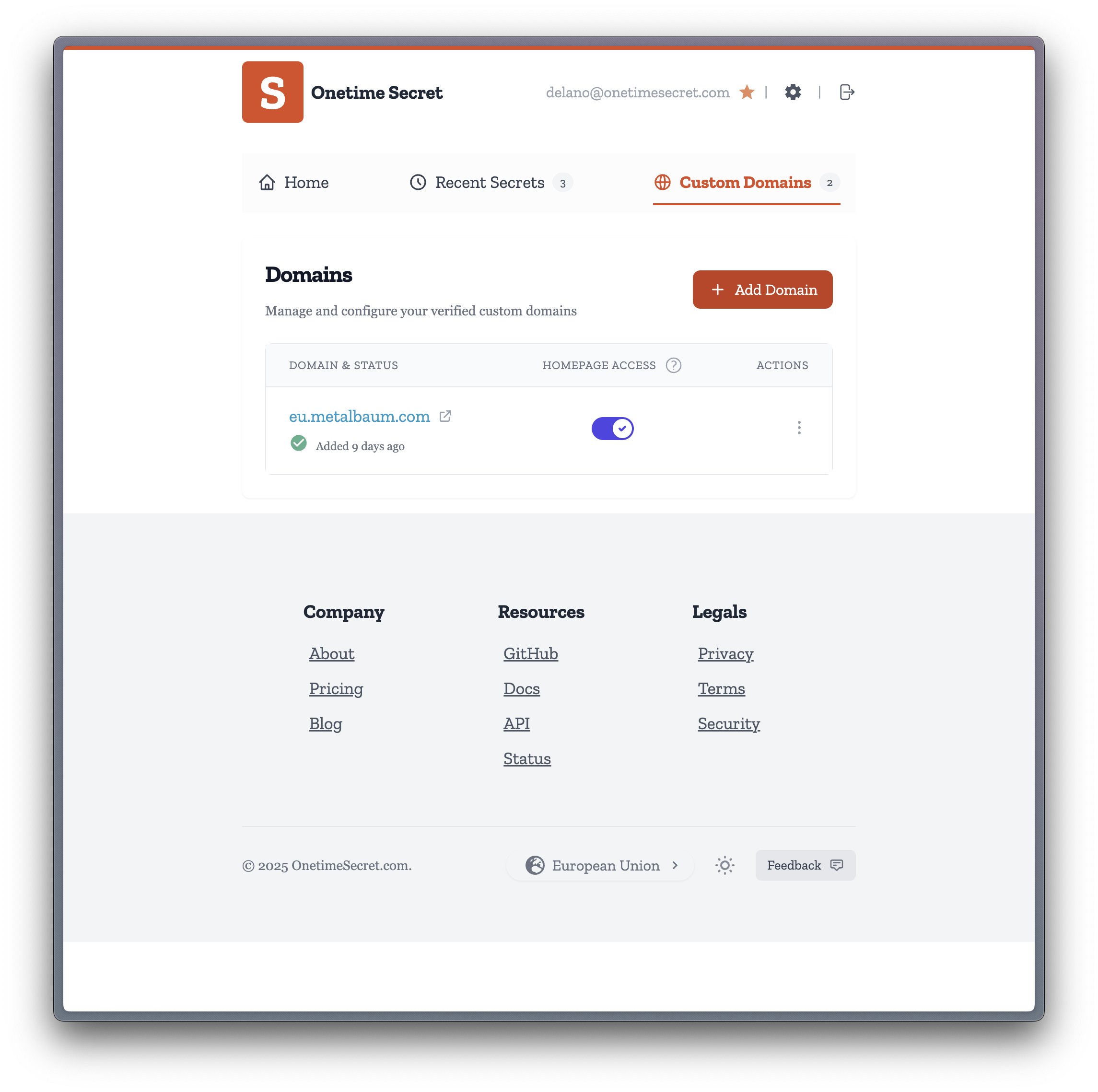 Custom domains view